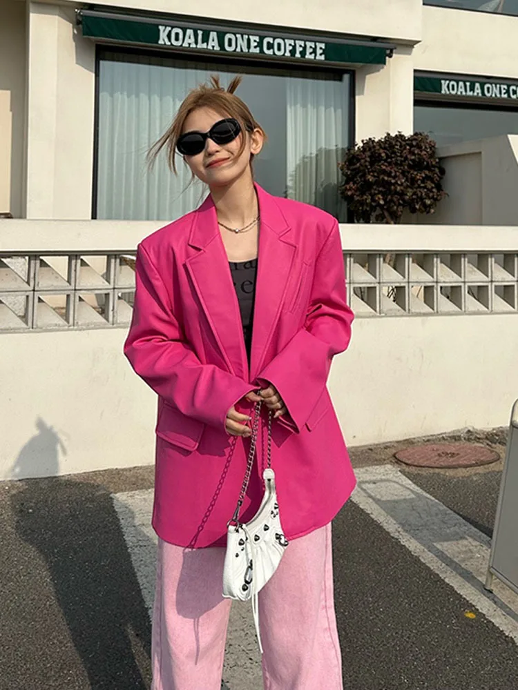 Chaqueta de cuero PU rosa para mujer, abrigo de manga larga con solapa, moda, primavera y otoño, 2023