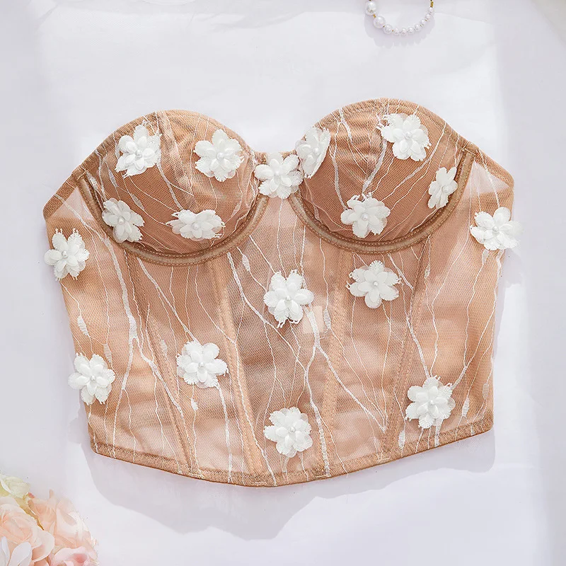 

Корсетный топ без бретелек с 3D-вышивкой и цветочным кружевом, готический, сексуальный, летний, винтажный, в стиле Y2K, для женщин