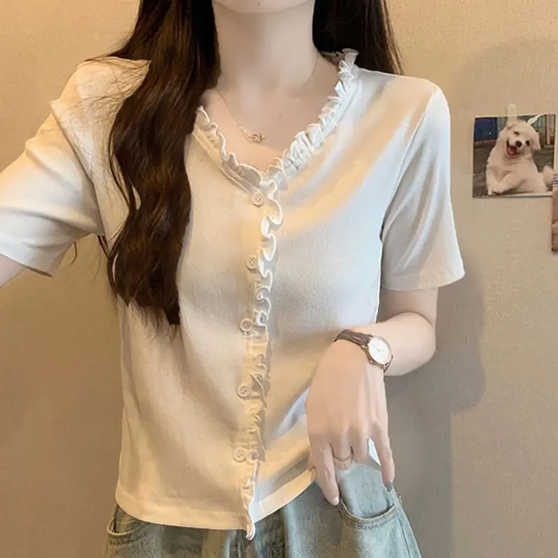 Solid Color Lace Collar Cardigan T Shirt for Women 2024 Summer Button Office Top