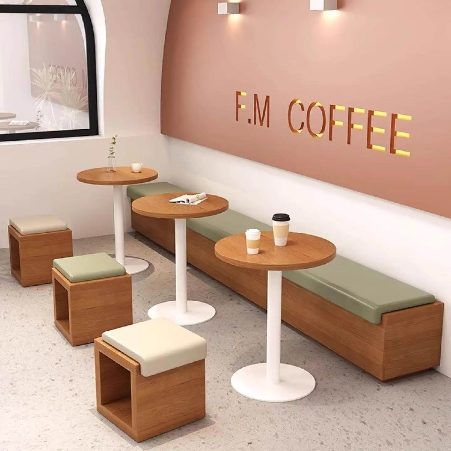Milk tea shop table and chair combination dessert shop long strip card seat sofa stool against the wall custom cafe card seat so