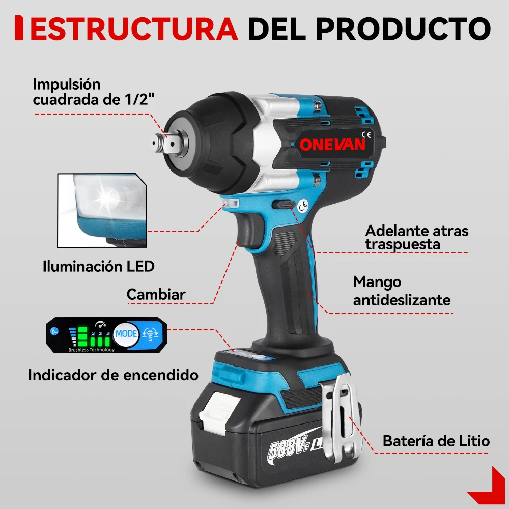 ONEVAN 1800N.M Torque Brushless Elettrico Impact Wrench Cordless Cacciavite Strumento di Potere Batteria agli Ioni di Litio Per Makita 18V Batteria