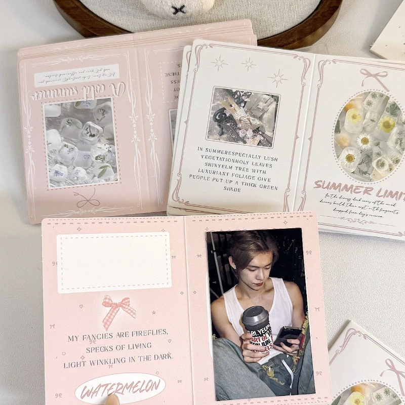 20sheet Pink White Ice Flower Mini Fold Card Photocard Protector for Kpop Double Layer Folding Greeting Card for DIY Gift