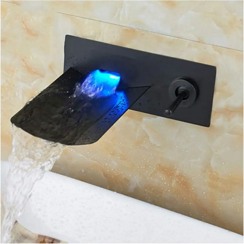 

Waterfall Bathroom Sink Faucet Black Brass Cold and Hot Water Wall Mounted Single Handle Lavatory Basin Faucet