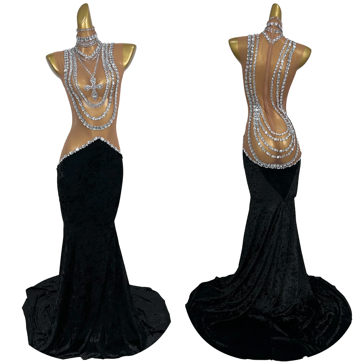 

Sparkly Crystals Birthday Party Floor-length Dress Women Velvet Evening Gowns Wedding Celebrate Show Wear Stage Costume Xinyang