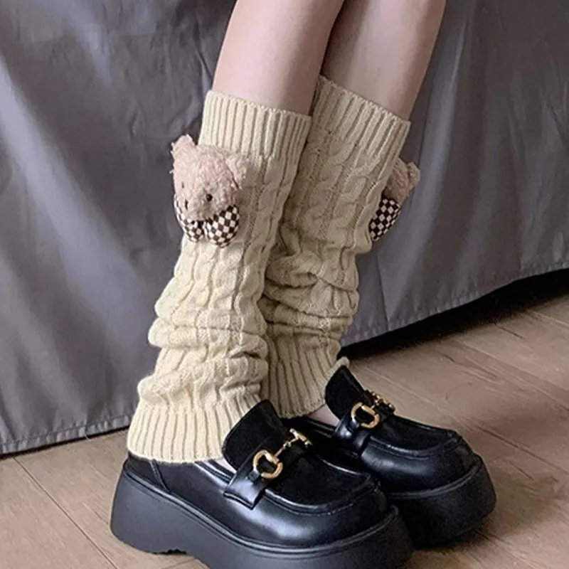 WPNAKS Women Knit Leg Warmers Cute Bear Dolls Winter Knee High Socks Aesthetic Boot Cuffs for Streetwear Clothes Accessories