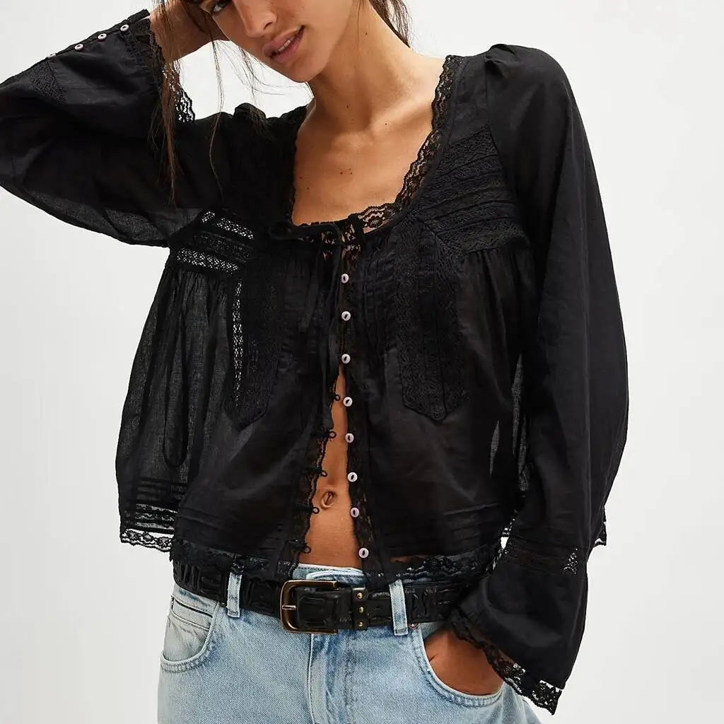 

Combhasaki Women's Y2K Fairy Long Sleeve Square Neck Shirts Lace Patchwork See-Through Tie-Up Front Button-Down Blouse Crop Tops