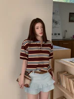 Summer Vintage Polo Shirts Woman Long Sleeve Crop Top Women Brown Stripe Polo Shirts Streetwear Casual Tops Loose Polo Mujeres