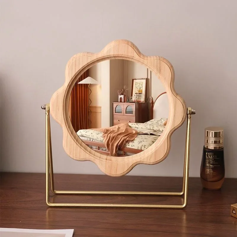 French Style Desktop Makeup Mirror Retro Wooden Flower Design Reversible Decorative Mirror Desktop Home Decor Exquisite Gift