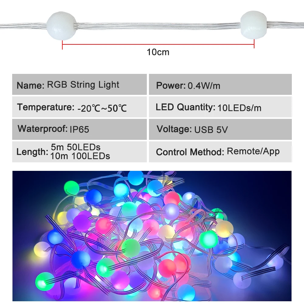 LED String Light WS2812B Bluetooth Smart APP Remote Control RGB USB Round Ball Lights IP65 Waterproof for Christmas Room Decor