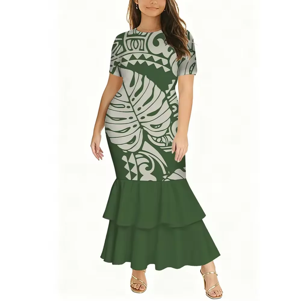 Women Short Sleeve Long Dress Custom Samoan Tribal Print Plus Size Double Layer Mermaid Dress Dress Fishtail Gowns