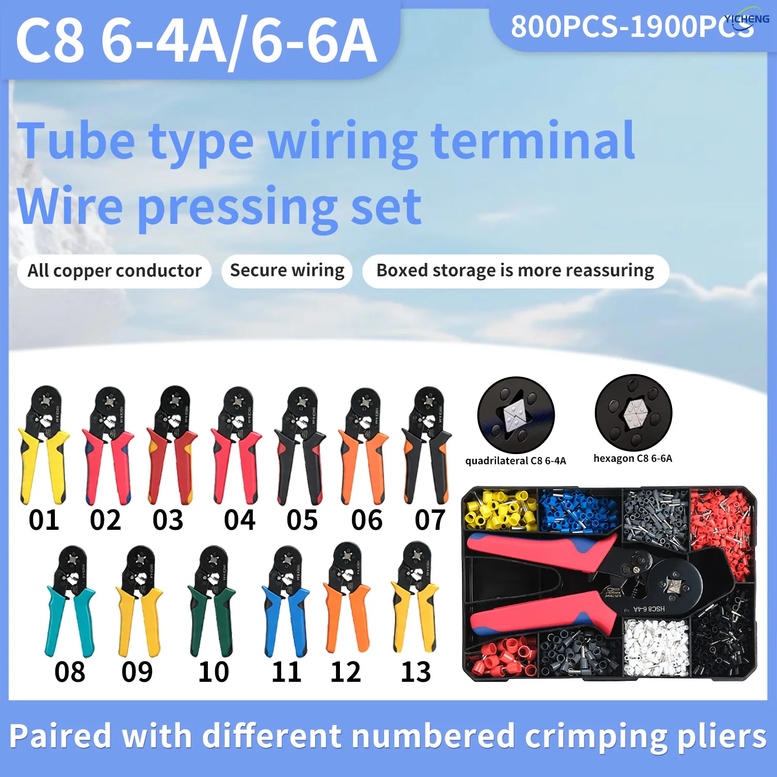Ferrule Crimping Tool Kit,Self-Adjusting Crimping Pliers for wire ferrules AWG 24-8,Square Crimping Pliers Crimp Connector Kit
