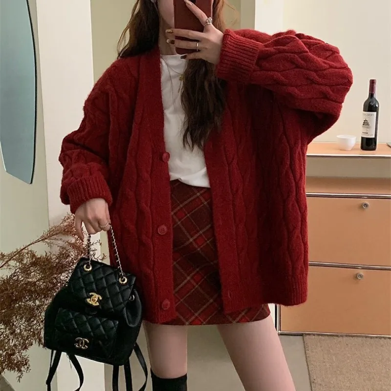 

Осенне-зимний женский кардиган, корейская версия, утепленная свободная верхняя одежда из жареного теста, свитер в ленивом стиле, удобное пальто
