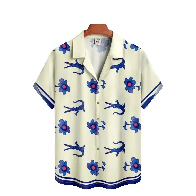Summer Men Shirt  Street Fashion Daily Hawaiian Shirts  Cartoon Print Casual Loose Short Clothes Sleeve Beach Loose Tops 2025