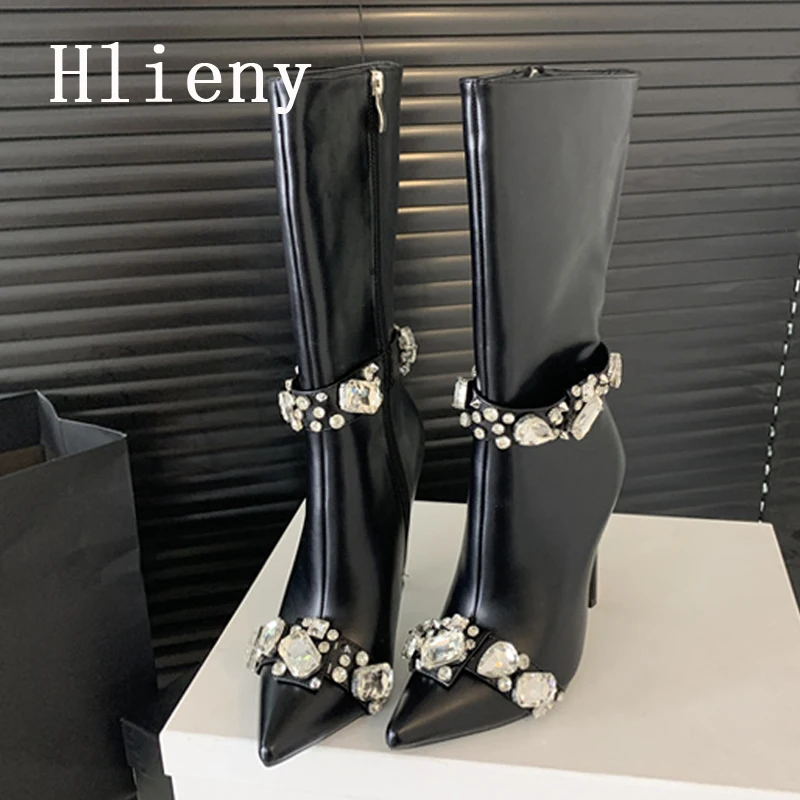 Hlieny Autumn Winter Fashion Crystal Woman Ankle Boots Eelgant Sexy Thin High Heels Pointed Toe Side Zipper Shoes Female Size 42