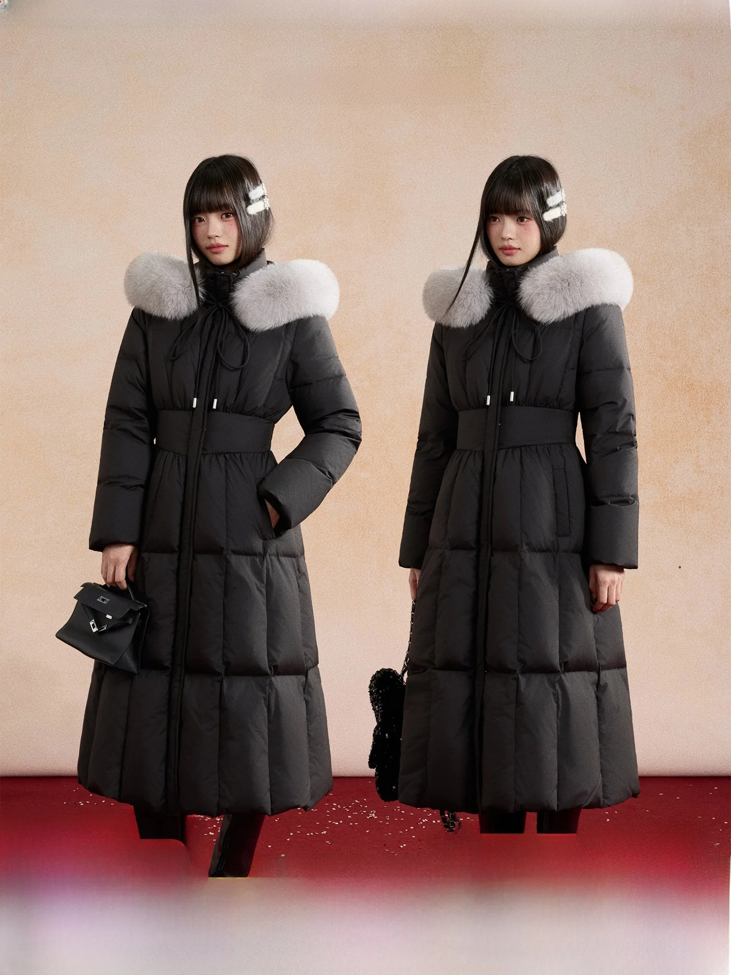 

Пуховик DALU Studio с меховым воротником, утягивающий талию, с капюшоном, средней длины, белый, на утином пуху, теплый, женская верхняя одежда