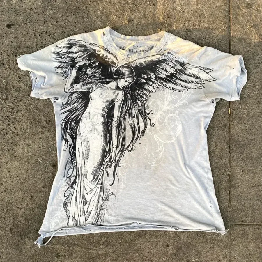 ぱ*〇様 Affliction グラフィック カットソー Y2K Affliction Long sleeved T shirt Y2K New Hip Hop Round Neck