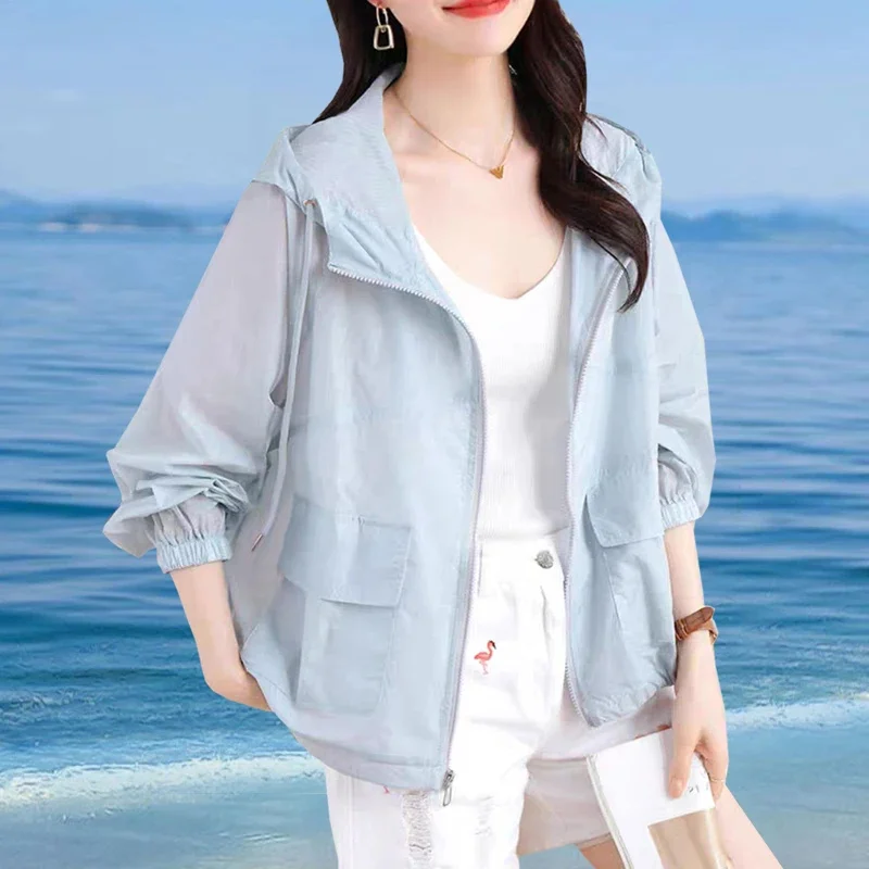 

Sunscreen Jacket Women2025 Summer New Korean Overwear Fashion Hooded Thin Outcoat Female Sun-Protective Clothing Coat Top Ladies