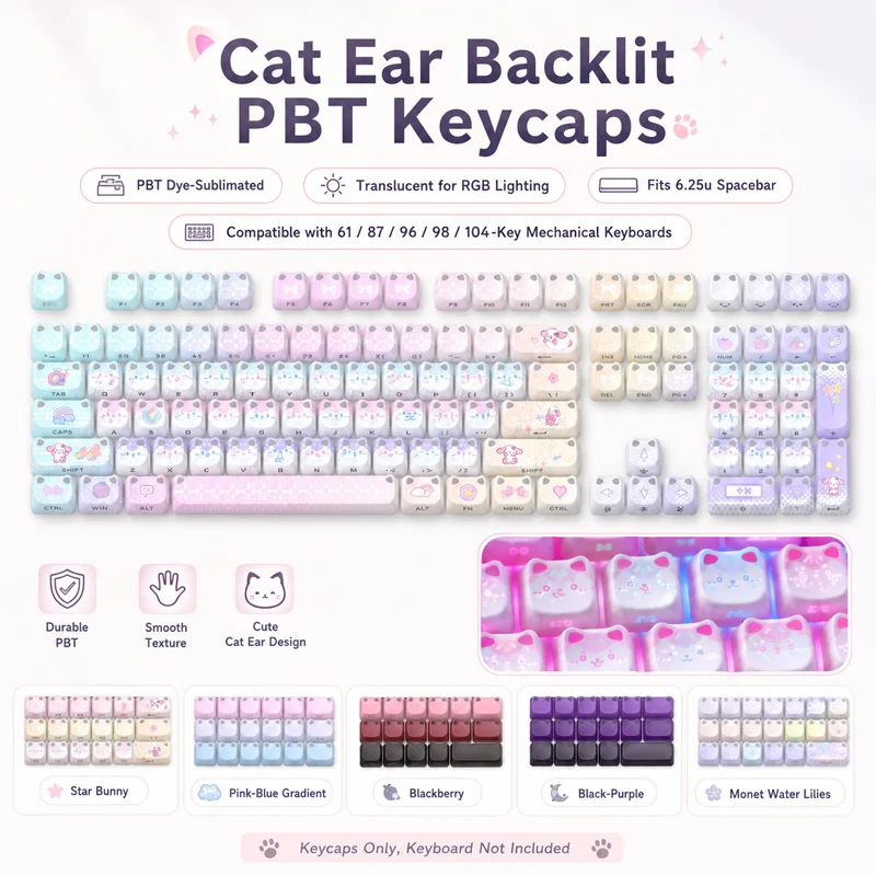 猫耳rgbバックライトpbtキーキャップ、昇華印刷半透明キーキャップセット、625uスペースバー、61、87、96、98、104キーのmxメカニカルキーボード用