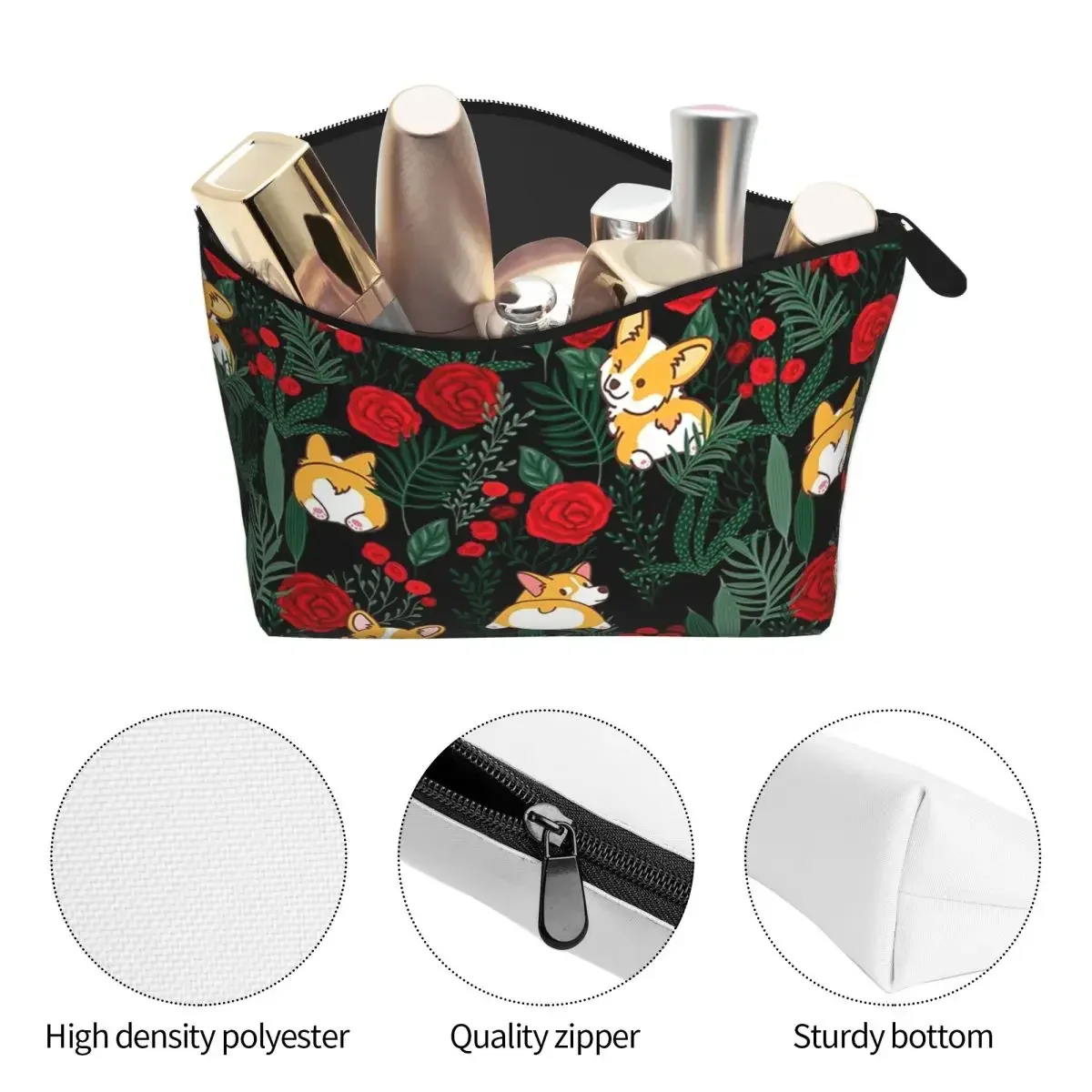 Corgi Dog In Garden Women Cosmetic Bag Travel Makeup Organizer Pouch Toiletry Storage Dopp Kit Case