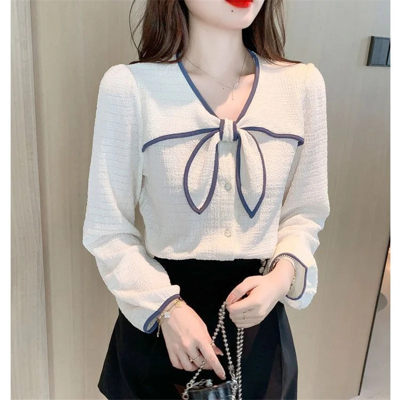 

Spring Autumn Elegant Sweet Chic Bow White V Neck Long Sleeve Fashion Slim Blouse Top Women Casual Contrast Color Shirt Clothing