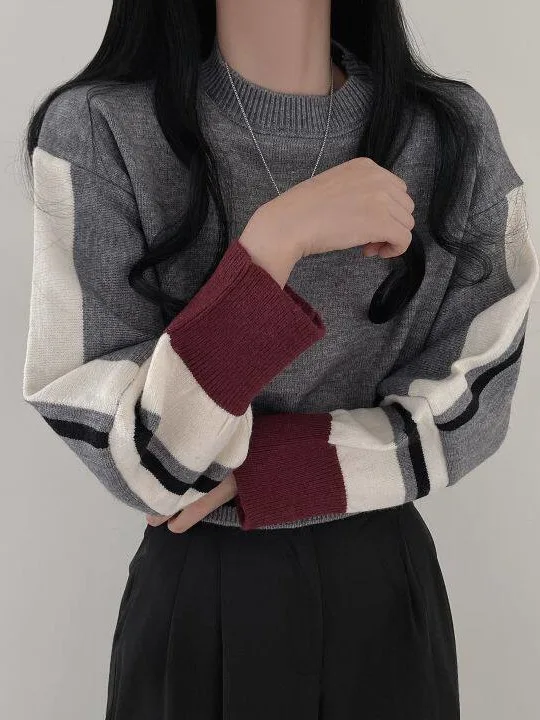 Chic Fashionable round Neck Spliced Sweater Korean Style Women's Spring Autumn Winter Casual Comfortable Soft Medium Thickness