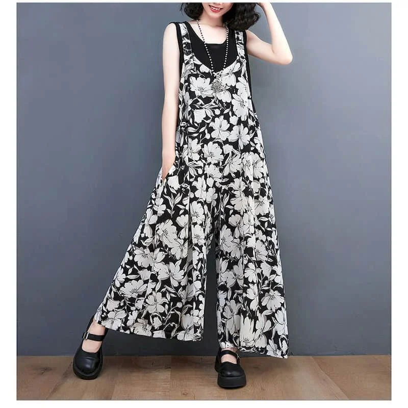 

Комбинезоны с цветочным принтом для женщин, цельный наряд большого размера, женские свободные широкие брюки в корейском стиле в стиле Харадзюку, повседневные винтажные комбинезоны