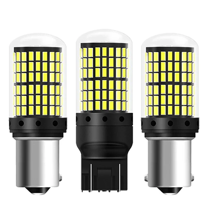 2 Stück 1156 BA15S LED CANBUS 3014 144 SMD 1157 BAY15D P21/5W 7440 T20 7443 Blinker Rückfahrlicht Bremslicht 12V Weiß – Detail 1