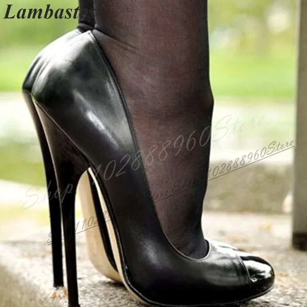 

Black Splicing Shallow Leather 16cm Pumps Super High Heel Shoes For Women Slip On Round Toe Gorgeous Banquet Stylish Women Pumps