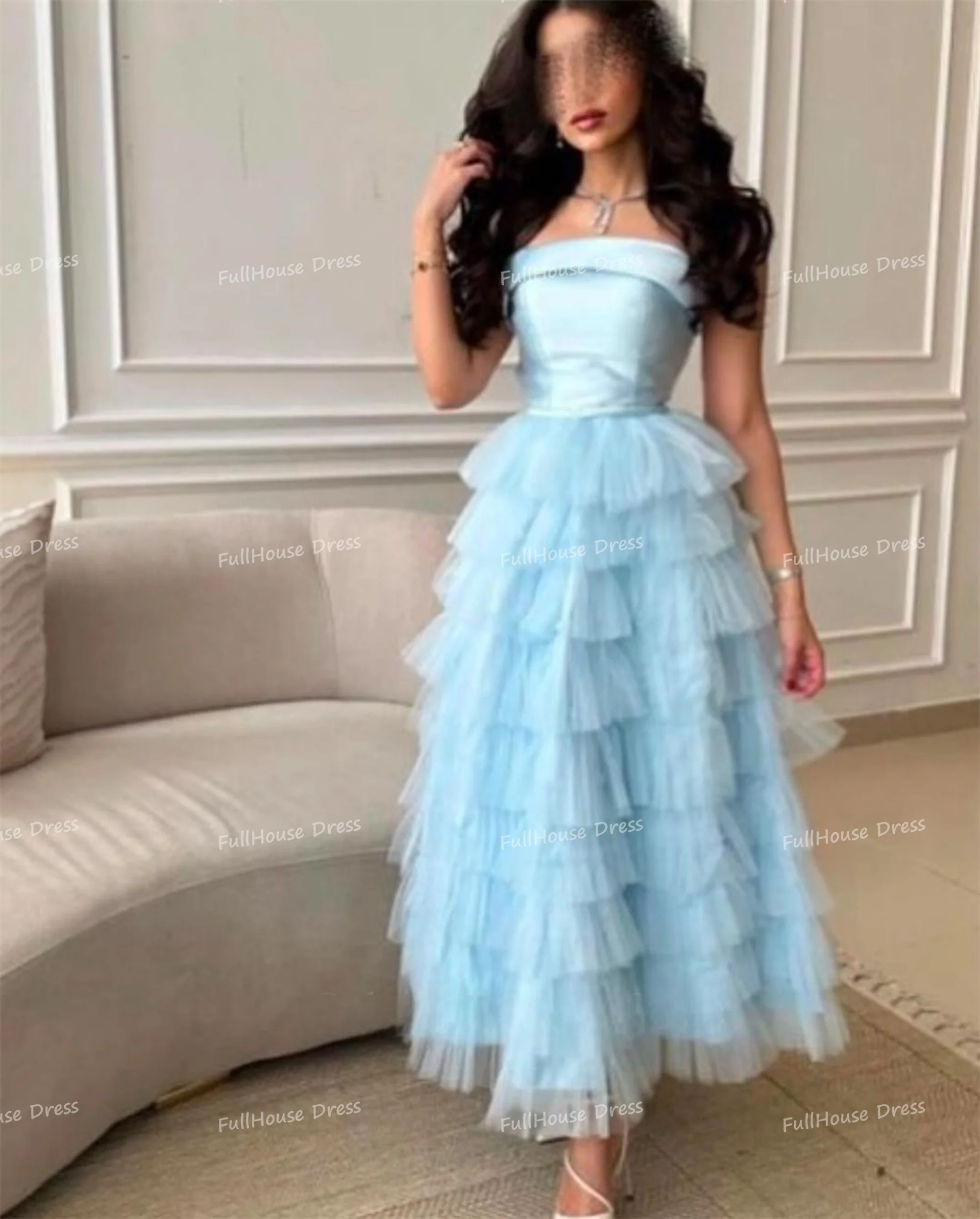 Vestido de noche con cuello barco azul cielo de tul sin tirantes hecho a medida, volantes escalonados, corte en A, vestidos de graduación para mujer, vestido de fiesta Formal