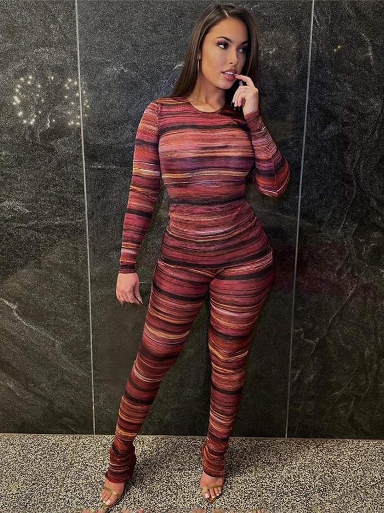 CUtenew カジュアル カラフル ストライプ 2 ピース セット 女性スポーティー秋クロップトップス + レギンスマッチングタイトストレッチトラックスーツストリートウェア