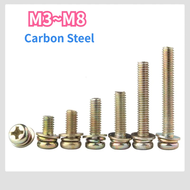 الكربون الصلب اللون المجلفن فيليبس الصليب جولة رئيس شقة الربيع غسالة ثلاثة مزيج مسامير M3 M4 M5 M6 M8 #1
