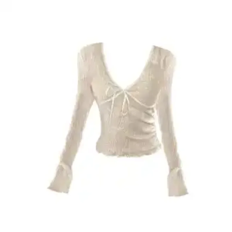 レトロデザイン Vネック リボン レース シャツ レディース ウエストトップ