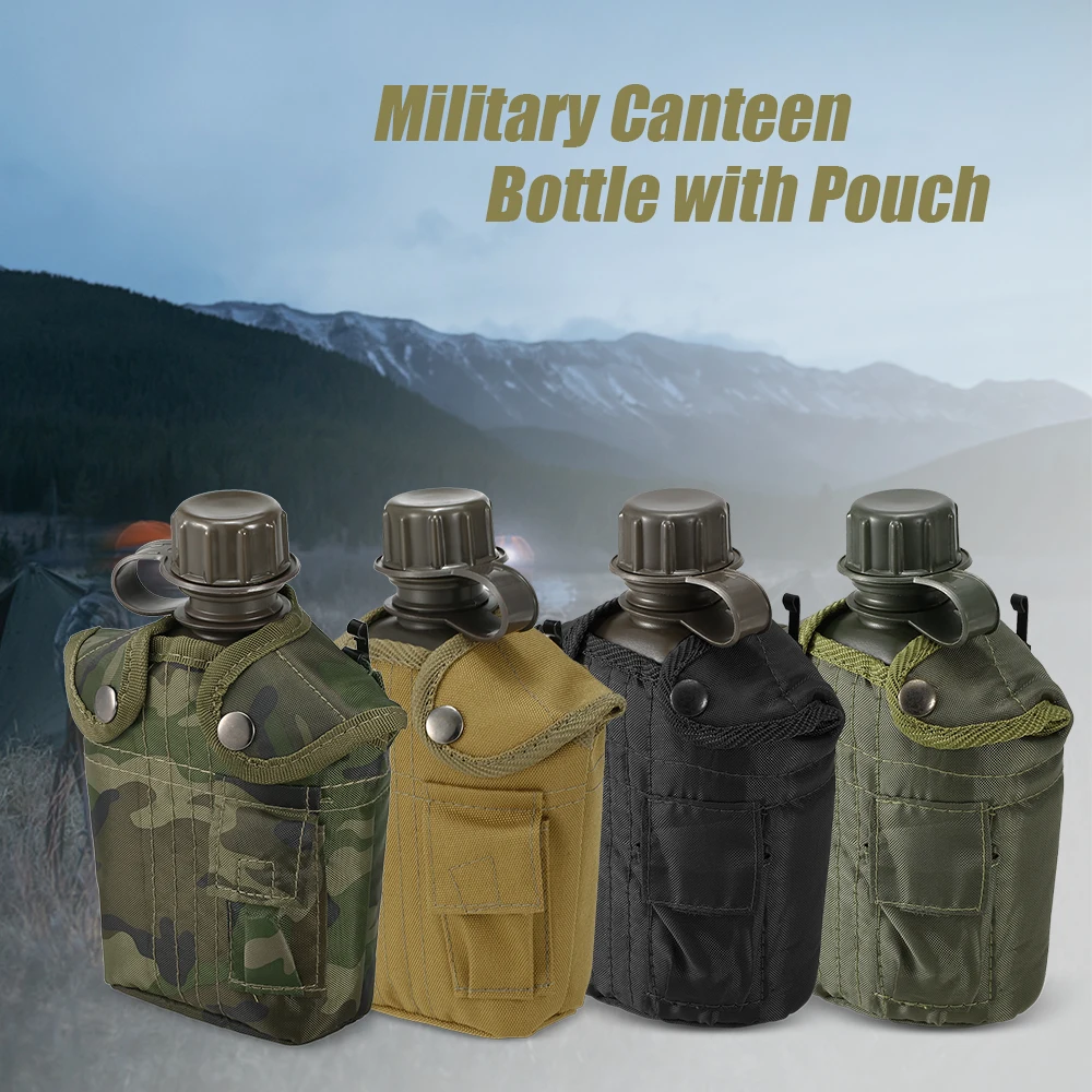Botella de cantimplora militar para exteriores, 1L, para acampar, senderismo, mochilero, supervivencia, hervidor de agua con cubierta, botella de cantimplora con tapa