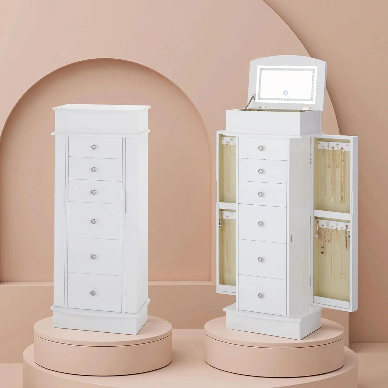 Jewelry Cabinet with LED Mirror and 6 Drawers, with Necklace Hooks & Anti-Tarnish Lining, Standing Jewelry Box, Gift for Women, White