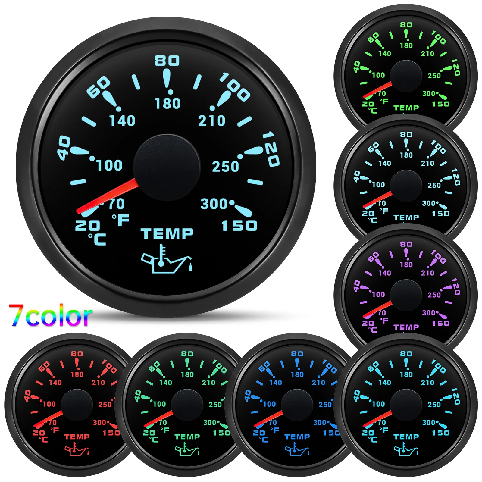 ZMFJH Auto Car 52mm Oil Temperature Gauge 7Color Light 20~150℃ Oil Temp Meter Indicator Waterproof for Marine Boat Yacht 12V24V