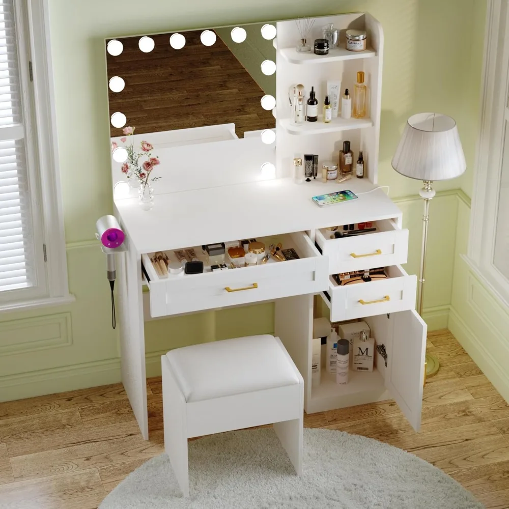 مكتب فانيتي مع مرآة وأضواء، مكتب زينة للمكياج مع مخرج طاقة، 3 ألوان إضاءة سطوع قابل للتعديل، زينة بيضاء #4