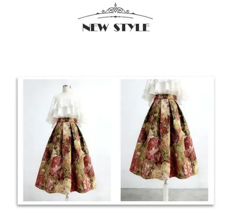 Französisch Malerei Floral Elegante Chic Hohe Taille Ballkleid Lose frauen Rock Knielangen Lange Röcke Für Frauen Kleidung mode – Detail 3
