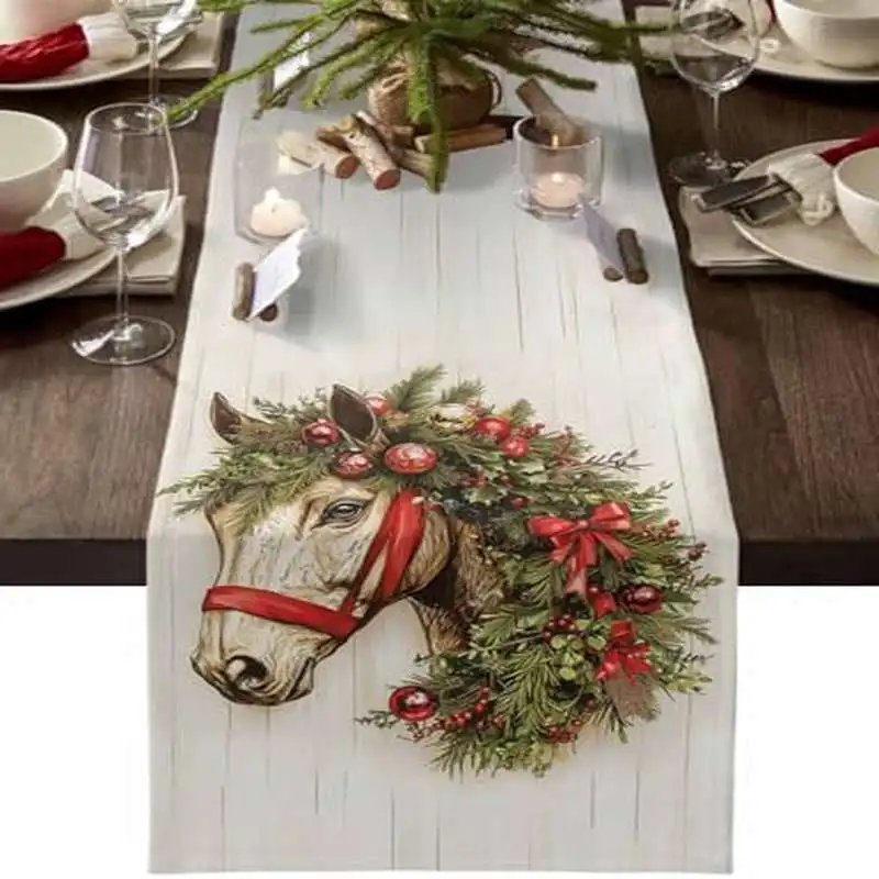

Christmas Table Runner - Western Horse & Holly Berry Wreath Print | Drawer Cover, Kitchen Dining Decor for Winter Holiday Home