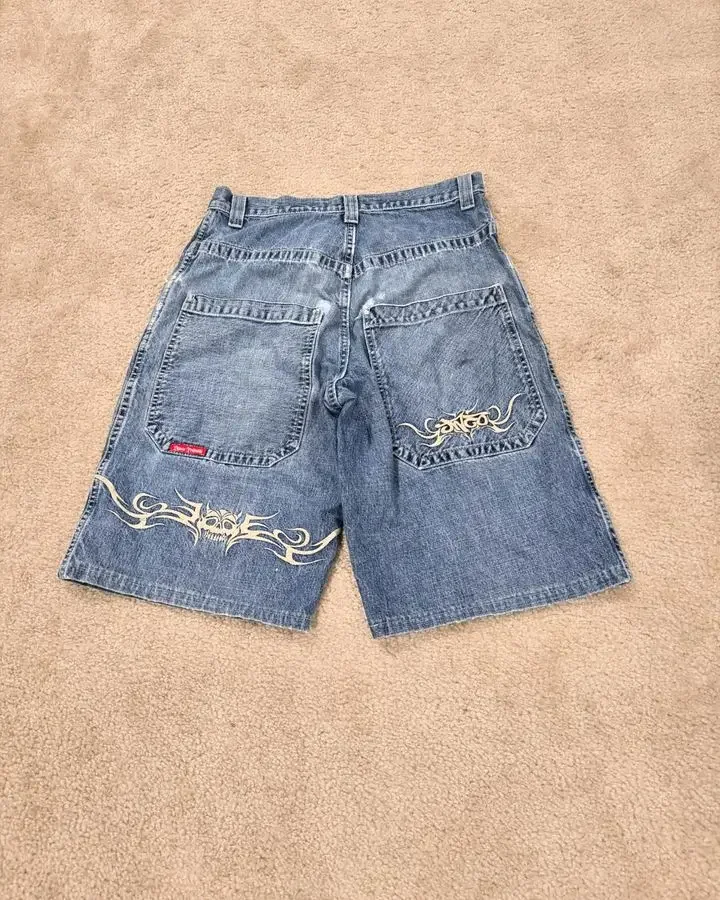 Jnco กราฟิกฮิปฮอปกางเกงขาสั้น Y2K ฮาราจูกุสีฟ้าย้อนยุคเดนิมแบ็กกี้กางเกงยิมกางเกงผู้ชายผู้หญิงเอวสูงใหม่