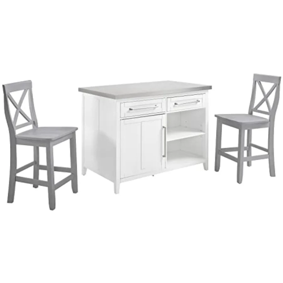 

Silvia Stainless Steel Top Kitchen Island, Coffee Bar, with a Set of 2 X-Back Stools, White/Gray
