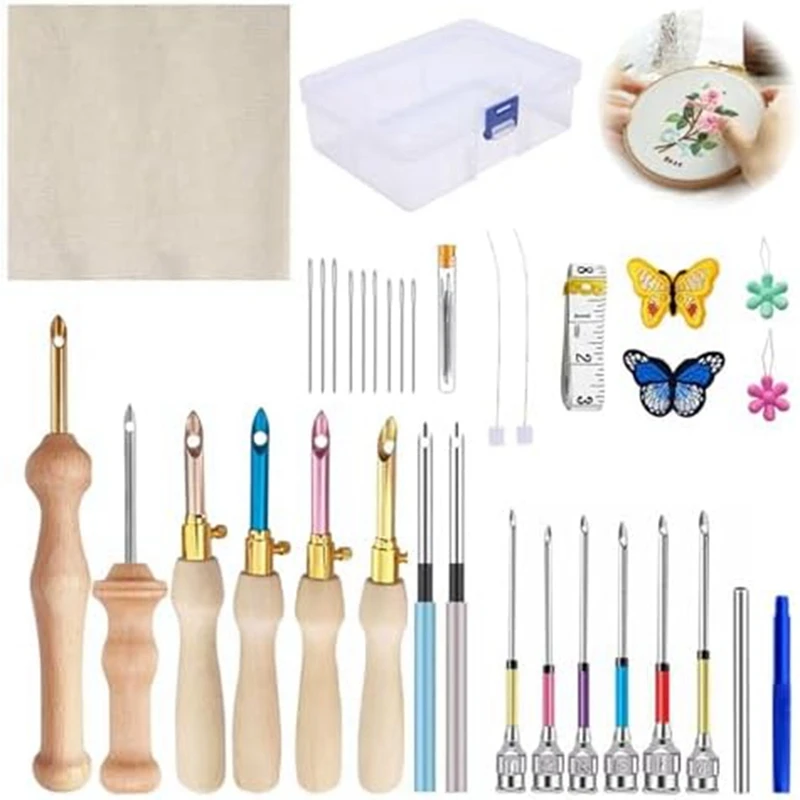 35Pcs Punch Needle Kit,Punch Needle Tool Adjustable Punch Needle Embroidery Kits For Embroidery Floss Stitching Beginner