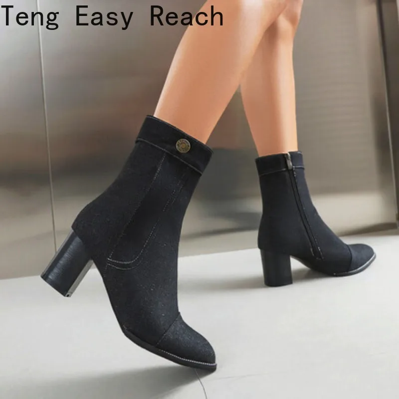 Women 2025 Autumn Pointed Toe Ankle Short Boot Woman Side Zip Thick Heeled Shoes New High Heels Blue Denim Boots view 4