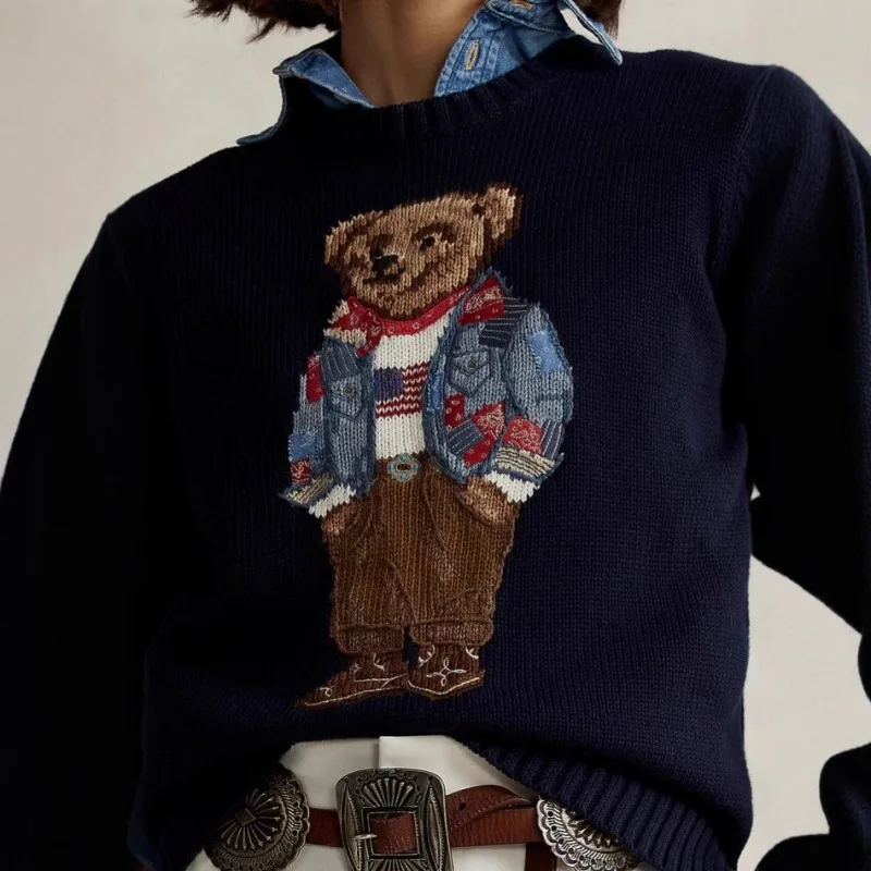 2025 New Women's Cotton Cartoon Bear Print Sweater Round Neck College Style Youthful Loose Fit for Autumn Winter Casual