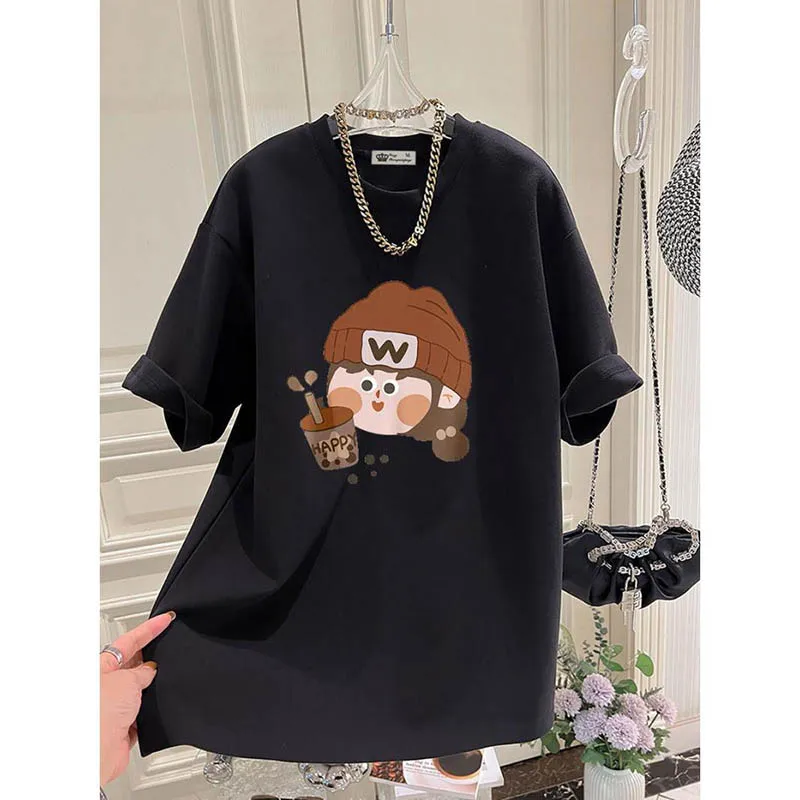 

Summer Korean Version Cartoon Cute Girl Print T-shirts Women O-neck Short Sleeve Cotton Basic Top Tees Loose Pullover 45-105Kg