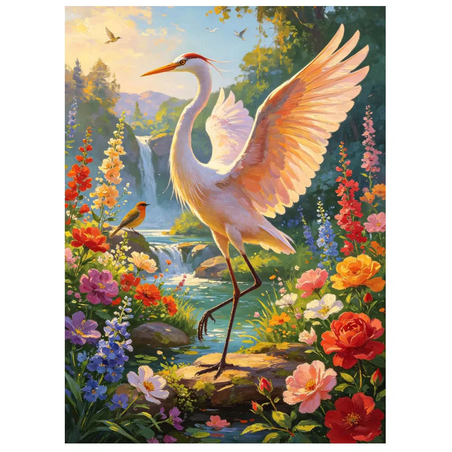 White crane diamond painting red crowned crane flower landscape cross stitch diamond embroidery 5D mosaic waterfall home decor