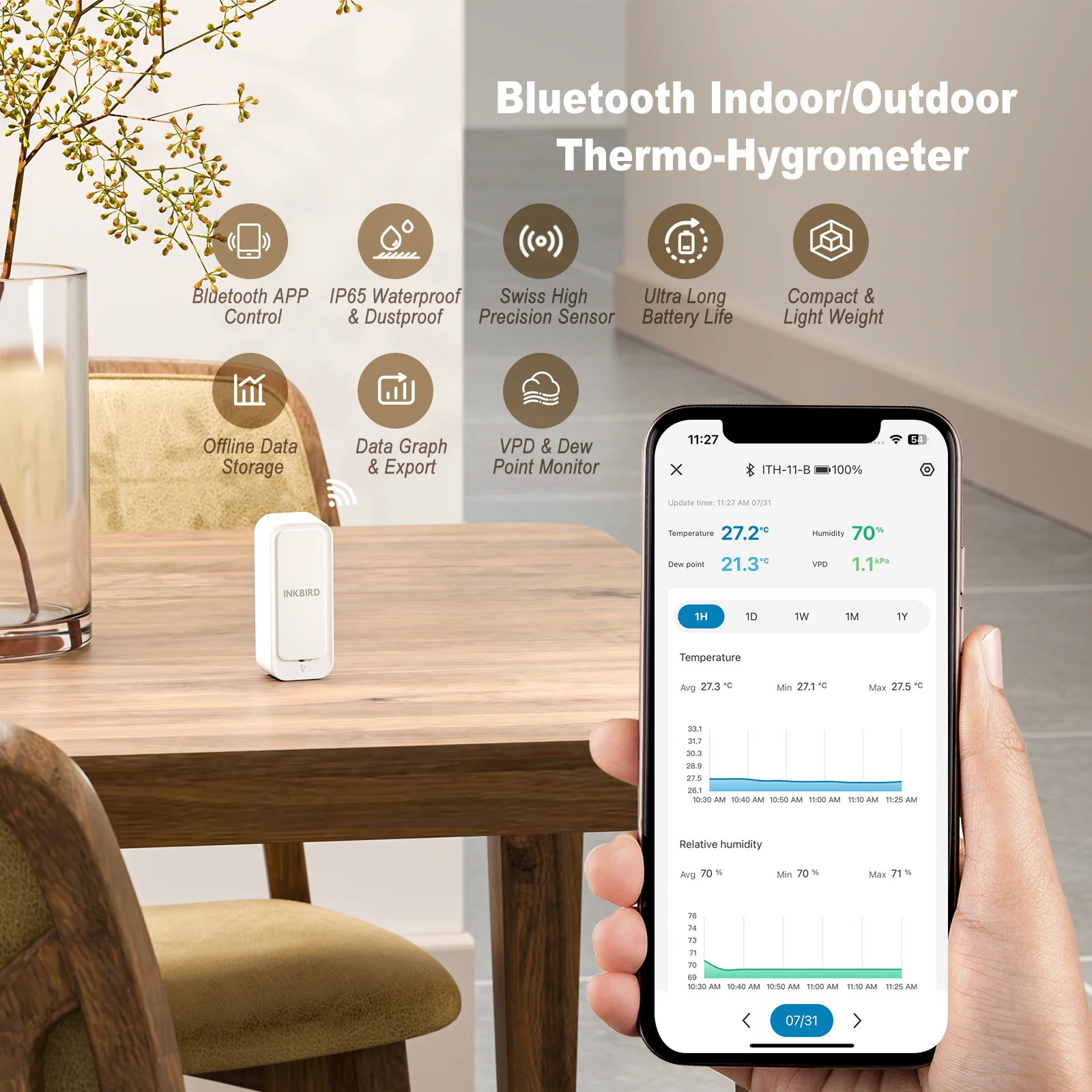 INKBIRD ITH-11-B Wireless Digital Thermometer & Hygrometer for Free APP Humidity Temperature Monitor Indoor Outdoor Smart Sensor