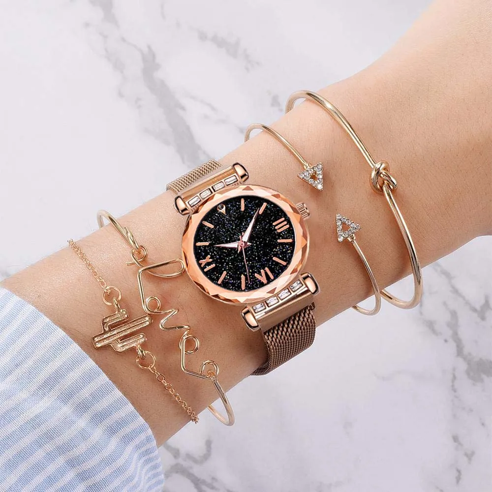 Lucky Lace Women Watch Bracelet Fashion Magnet Buckle Rose Gold Ladies Wristwatch Starry Sky Roman Scale Clock