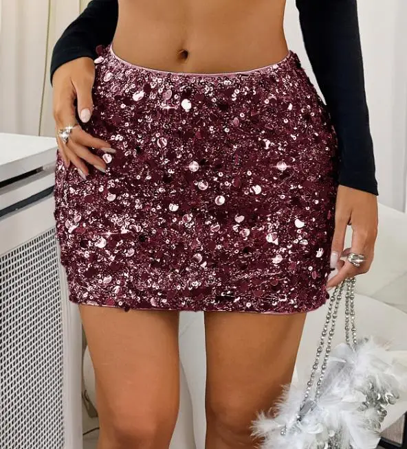 Skirt for Women 2026 Spring Summer New Solid Color Elegant Sexy Sequin Decor High Waist Versatile Casual Party Mini Skirt