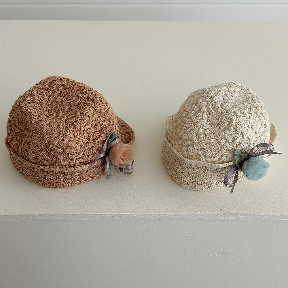 2-8Y 3D 로즈 키즈 밀짚 모자 여름 양동이 모자 태양 보호 태양 휴가 해변 태양 모자