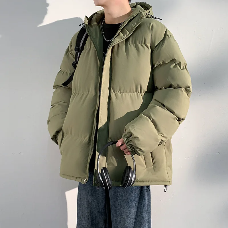 American European Male Clothes Parkas Winter New Fashion Men's Solid Color Simple Basic Loose Long Sleeve Hooded Quilted Jacket